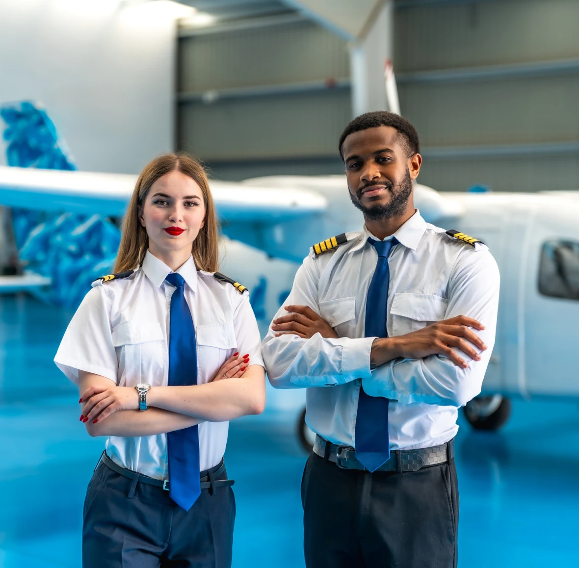 Pilots standing in front of airplane